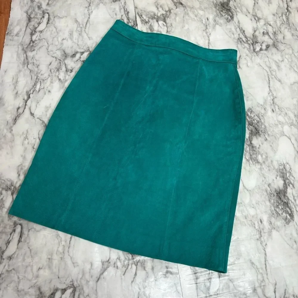The Limited Y2K 90s 100% leather pencil skirt blue green retro size 6 vintage